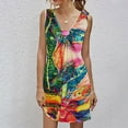 thumbnail image 2 of Robes de Plage pour Femmes Été Sans Manches Boho Imprimé Floral Robe Débardeur Froncée Décontractée Ample Col en V Mini Robe d'Été, 2 of 5