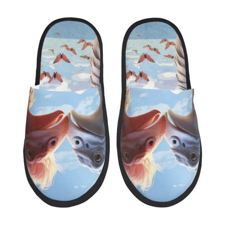 Balery Red And White Bird Couple Slient Indoor Furry Fleece Comfort House Shoes Soft Non-Slip Home Shoes Cotton slippers House Slippers-- Large