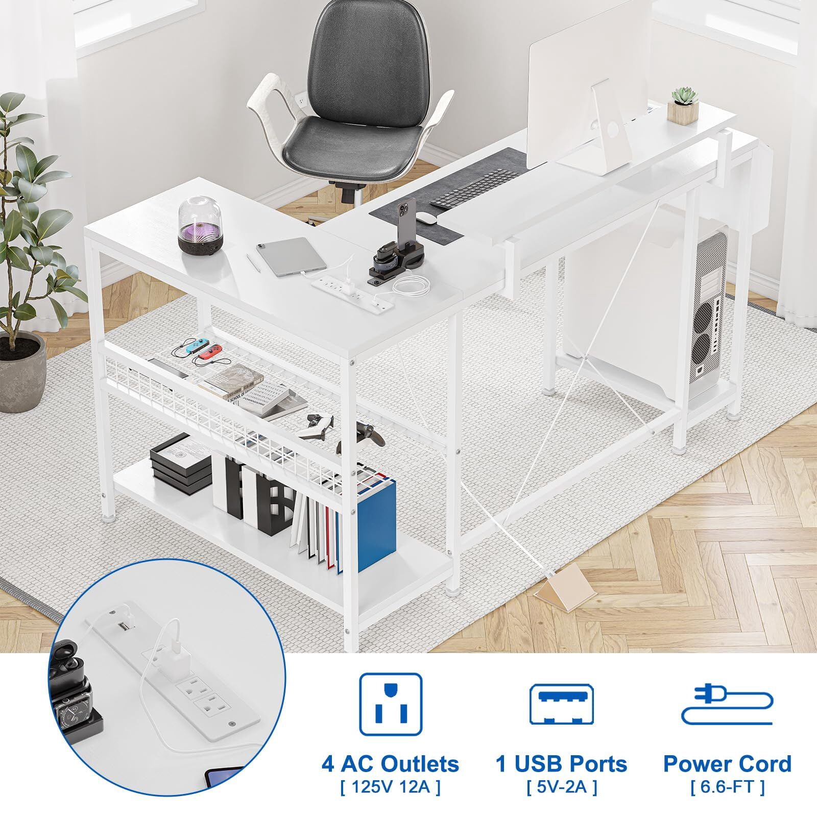 Jojoka 49.6" Reversible L Shaped Computer Gaming Desk with LED Light & Power Outlets, Corner PC Desk with Storage Shelves & Monitor Stand, Home Office Desk, Writing Desk, Workstation, White