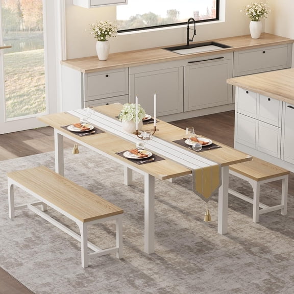 Extendable Dining Table Set for 4-6 with Benches, 63 Inch Kitchen Table Set with Metal Frame & MDF Board for Dining Room