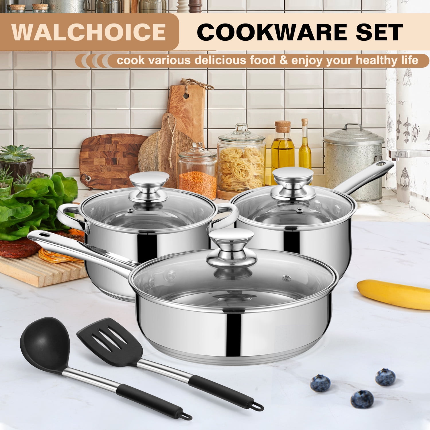 Walchoice 8-Piece Stainless Steel Cookware Set, Kitchen Pots and Pans Set with Glass Lid for Cooking, Kitchen Cookware Set with Utensils, Induction & Dishwasher Safe, Silver