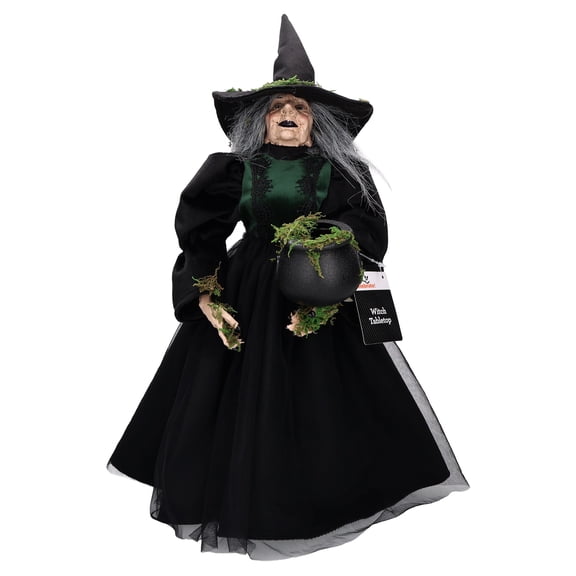 Fabric Witch Figurine with Moss Cauldron Decoration, Black, 17.6", Halloween by Way To Celebrate