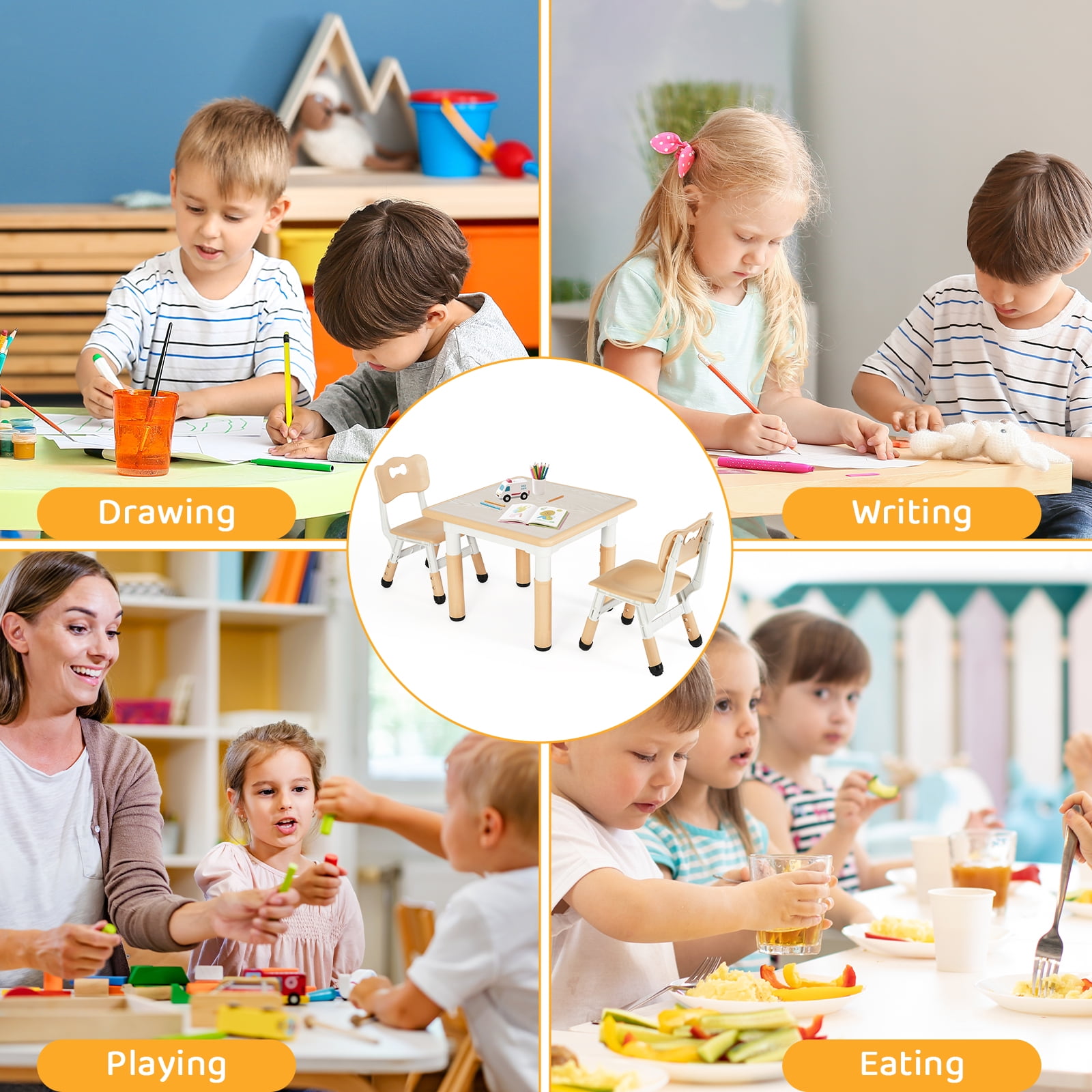 Arlopu Kids Table and 2 Chairs Set with Graffiti Desktop, Height Adjustable Toddlers Table and Chairs Set, Kids Activity Table for Home/Nursery/Daycare/Classroom