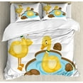 thumbnail image 1 of Duck Duvet Cover Set Queen Size, Funny Cartoon Illustration of Two Ducks in a Pond Nursery Composition, 3 Piece Bedding Set with 2 Pillow Shams, Mustard Umber and Pale Blue, by Ambesonne, 1 of 3