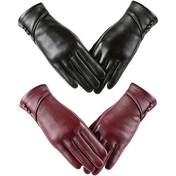 2PCS Monochrome Genuine Leather Gloves Short Fleece Lined Soft Warm Touchscreen Gloves Autumn
