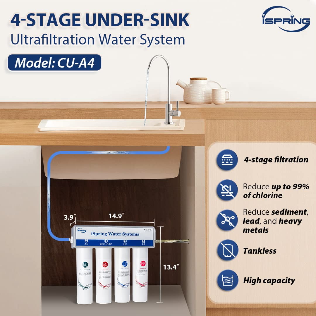 iSpring 4-Stage Ultra Filtration Under Sink Water System, 0.01-Micron, Removes 99.99% Contaminants, Quick Filter Change with Brushed Nickel Faucet, w/Extra Replacement Filter Set (Model: CU-A4)