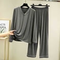 thumbnail image 2 of Women's V-Neck Loungewear Two Piece Set Loose Long Sleeve Top and Straight Leg Full Length Pants Soft Breathable Casual Pajama Set Dark Gray, 2 of 7
