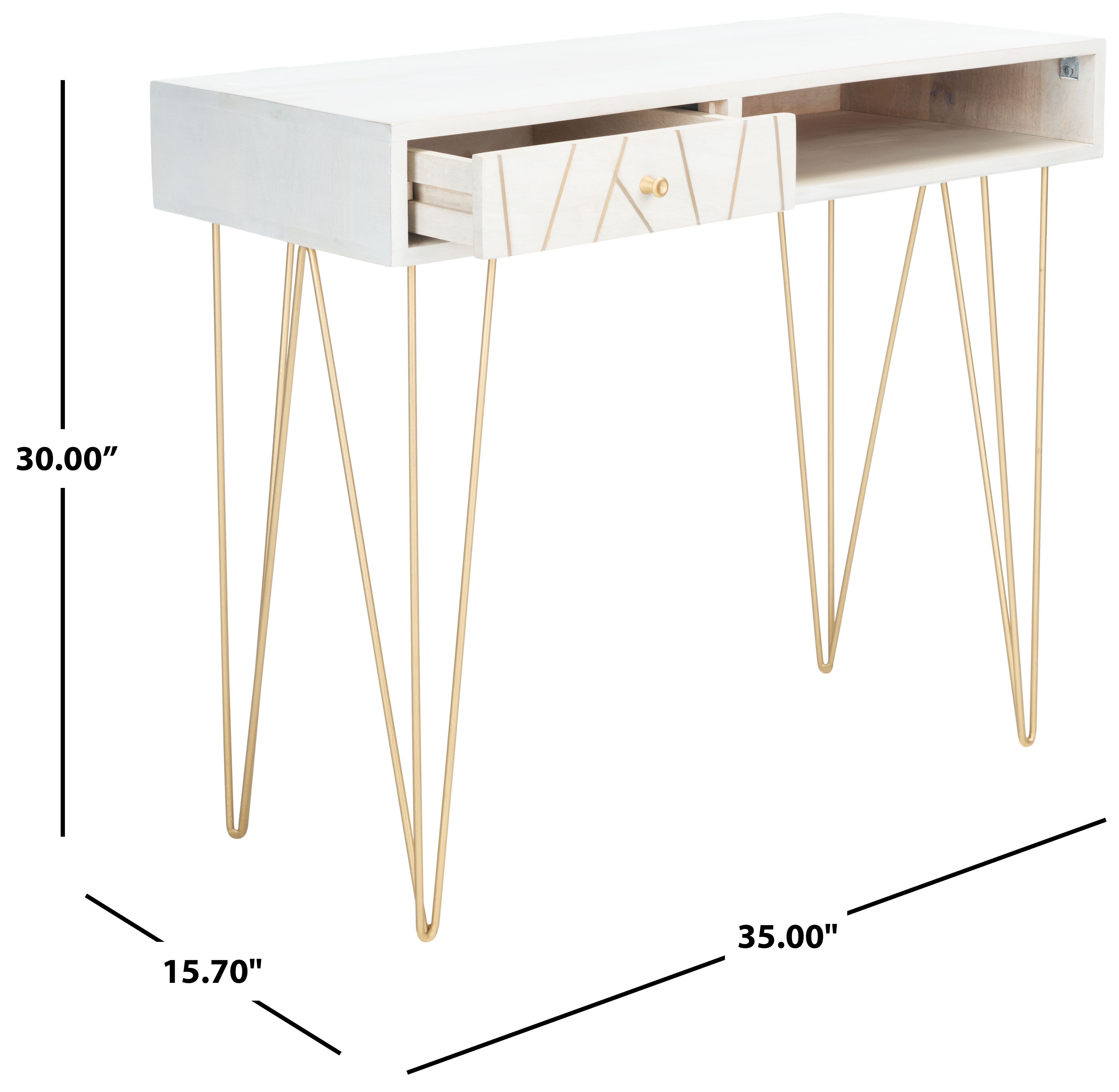 SAFAVIEH Marigold Mid-Century w/ Drawer Writing Desk, White Wash/Brass