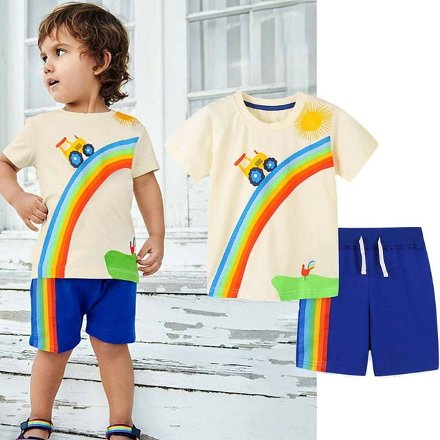 Cameland Ensemble de Vêtements pour Bébé Garçon, T-shirt à Col Rond à Manches Courtes en Coton à Rayures, Mode à Imprimé Anglais, Short