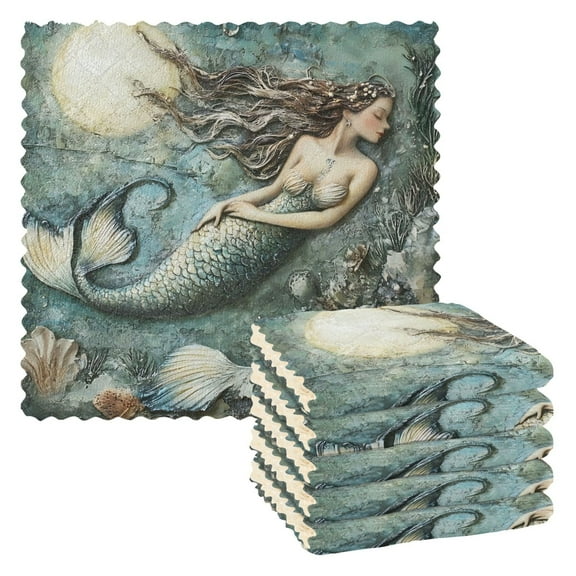 6 Pieces of Kitchen Towels 11x11Inch Kitchen Dish Cloths Kitchen Dish Towels Reuseable Cleaning Cloths Pretty Mermaid Pattern