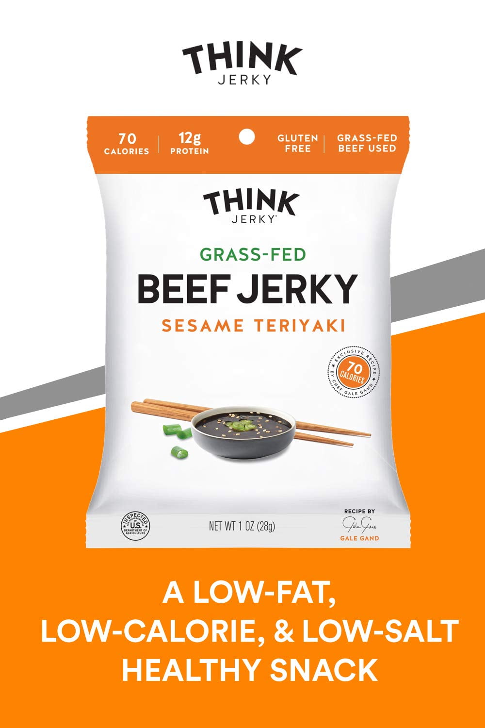 Think Jerky, Sesame Teriyaki Beef Jerky (1.0 Ounce Bags, Pack of 12 Bags) - Delicious Chef Crafted Jerky, Grass-Fed Beef Jerky, Gluten Free, No Antibiotics or Nitrates - Healthy Protein Snack, Low Cal