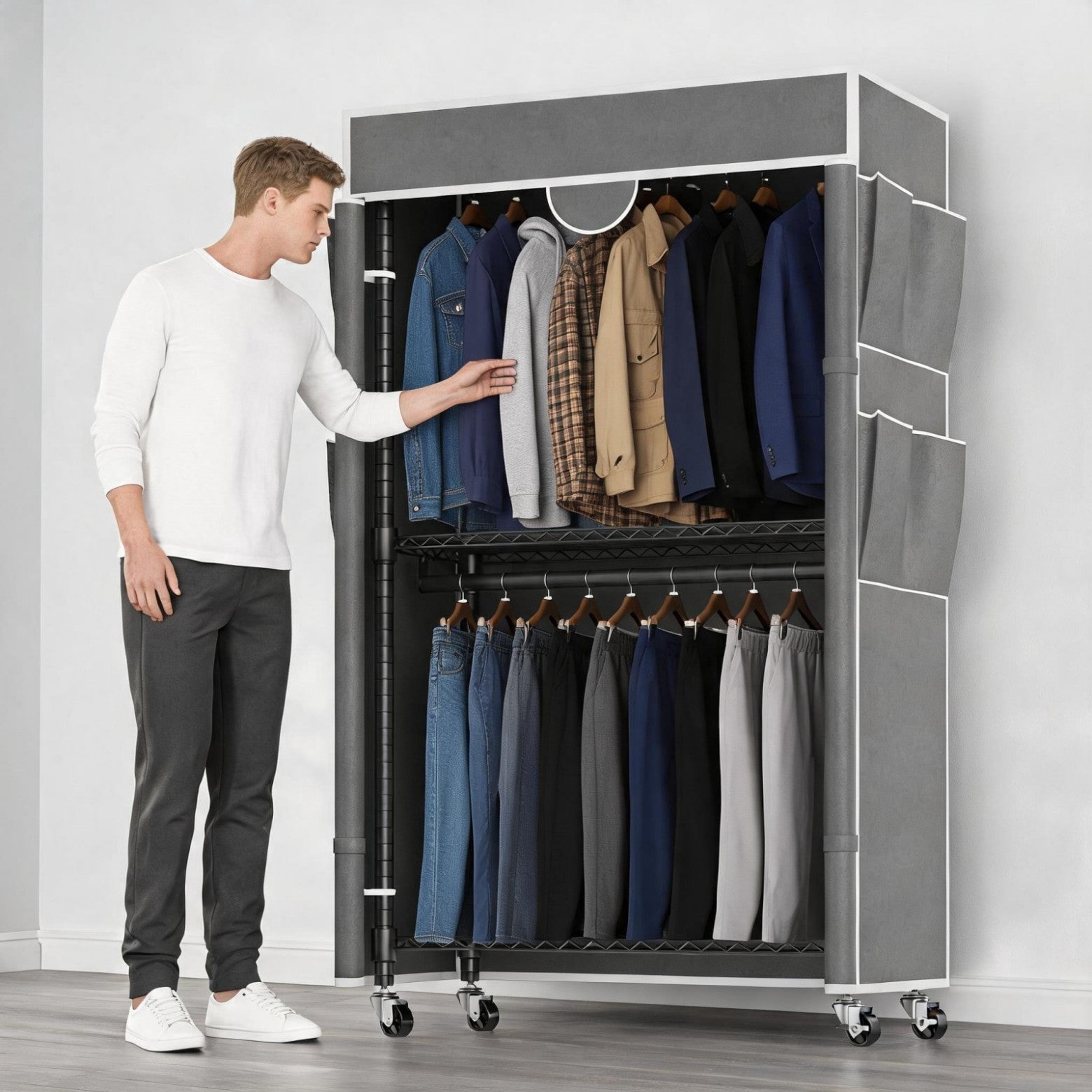 Sailvan Heavy Duty Clothing Rack with Cover, Portable Closet Wardrobe with Double Hanging Rods and Wheels, 3-Tier Storage Shelves,Gray