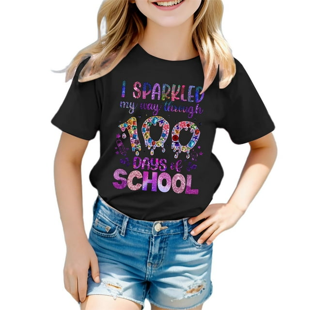 LUOGENLI T-Shirt pour Filles Mode Décontractée Imprimé Col Rond Manches Courtes T-Shirt Haut Floral Maxi avec Fente Noir 3-4 Ans
