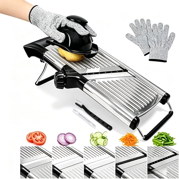 PLERISE Mandoline Slicer, Adjustable Stainless Steel Blade for Potato Onion Tomato, Includes Food Holder and Safety Gloves