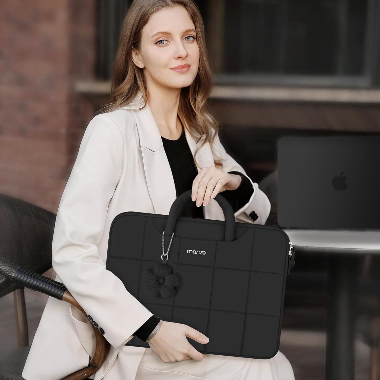 MOSISO 13-14 inch Laptop Case, 13.3 inch Puffy Laptop Sleeve Compatible with MacBook Air 13 13.6/Pro 13/Pro 14,HP Acer Dell ASUS Lenovo, Rectangle Quilted Computer Bag with Handle&Flower Pendant