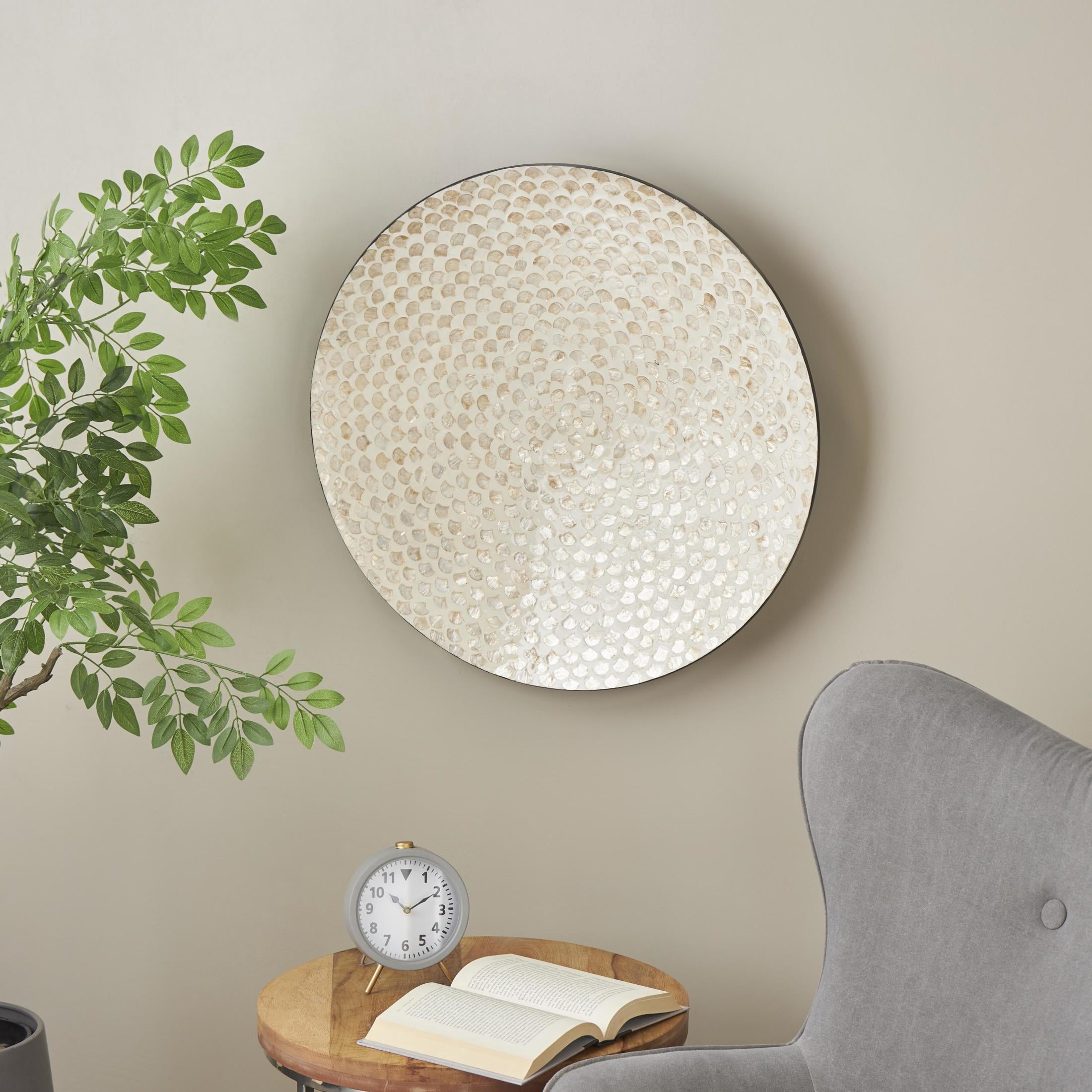 DecMode Cream Mother of Pearl Shell Round Disc Geometric Wall Decor with Black Frame
