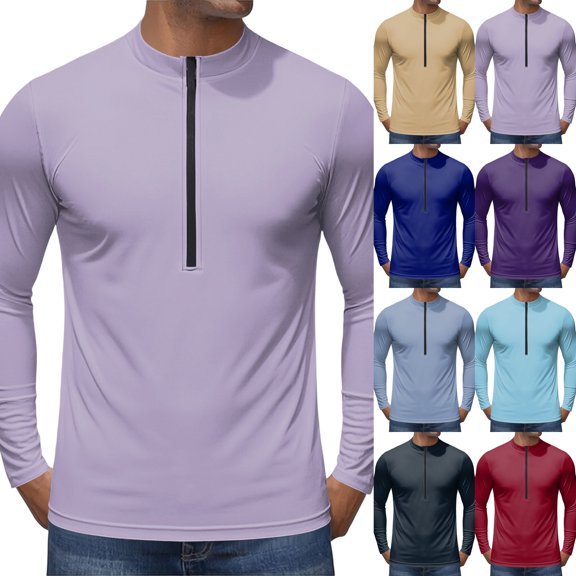 Men's Long Sleeve Sun Shirts UPF 50 Stand Collar 1/4 Zip Up Fishing Running Rash Guard Outdoor Lightweight T-Shirts,Purple Pink,S