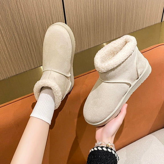 Cadancy Ankle Snow Boots for Women Suede Thick Sole Fleece Sherpa Lining Winter Shoes Cozy Fuzzy Warm Outdoor Indoor Pull On Short Booties Trendy Waterproof Boot
