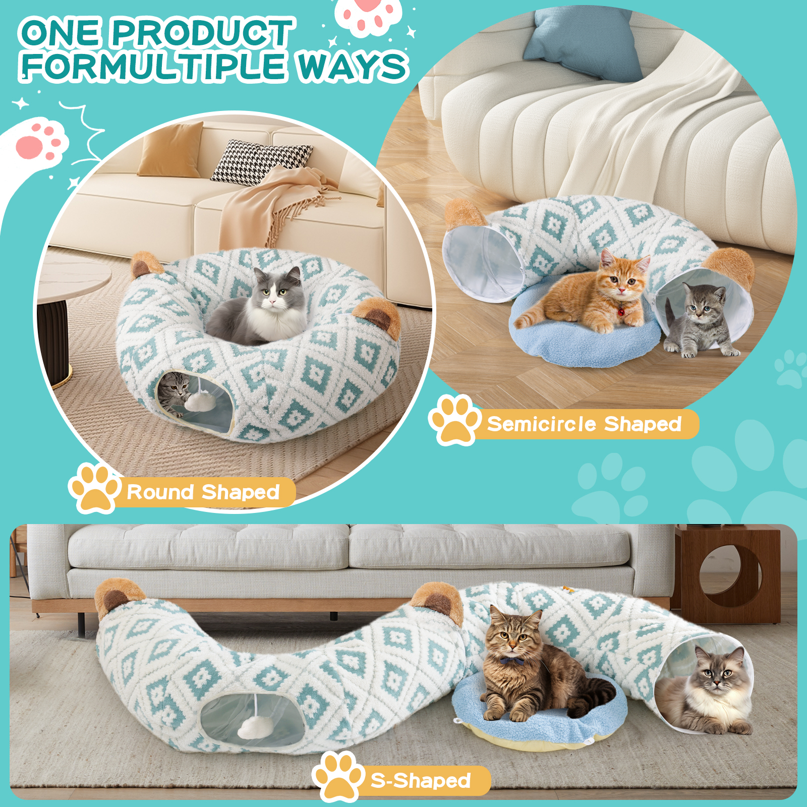 Cat Tunnel Bed with Soft Cushion, Cat Donut Tunnels for Indoor Cats, Peekaboo Cat Cave Toy, Multifunctional Playground Toys for Kittens, Rabbit, Blue Jacquard Pattern