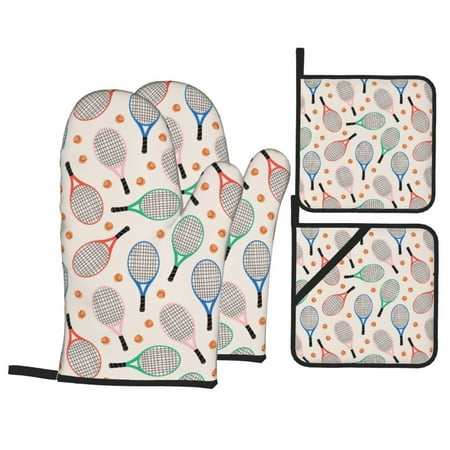 

Oven Mitts and Pot Holders 4 pcs Set cute tennis racket Heat Resistant Pot Holders Oven Mitts for kitchen Non-Slip Hanging Loop Oven Glove Potholders for Baking Cooking