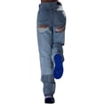 thumbnail image 2 of Franhais Women Straight Denim Pants, Side Pockets Ripped Cutout Long Street Casual Trousers, 2 of 5