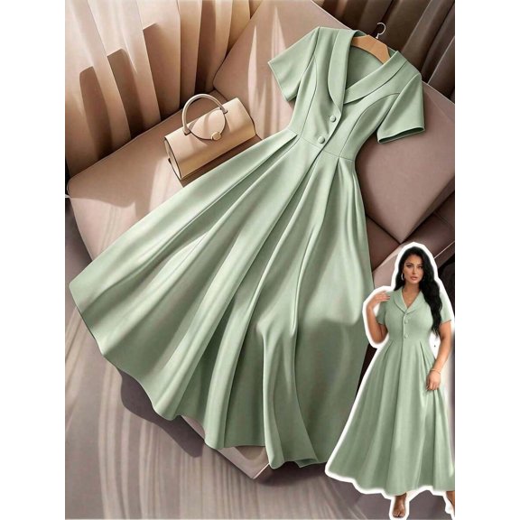 Plus Size Womens Green A-Line Dress With Shawl Collar And Short Sleeves For Formal Occasions