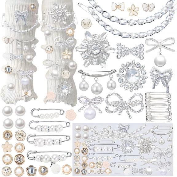 DESIGNICE 54PCS Junk Socks Charms Kit,Shoe Charms for Sneakers Girls,Silver Brooches and Pins for Women,Pearl & Rhinestone Sock Charm with Safety Pins,DIY Accessories for Decorating Socks