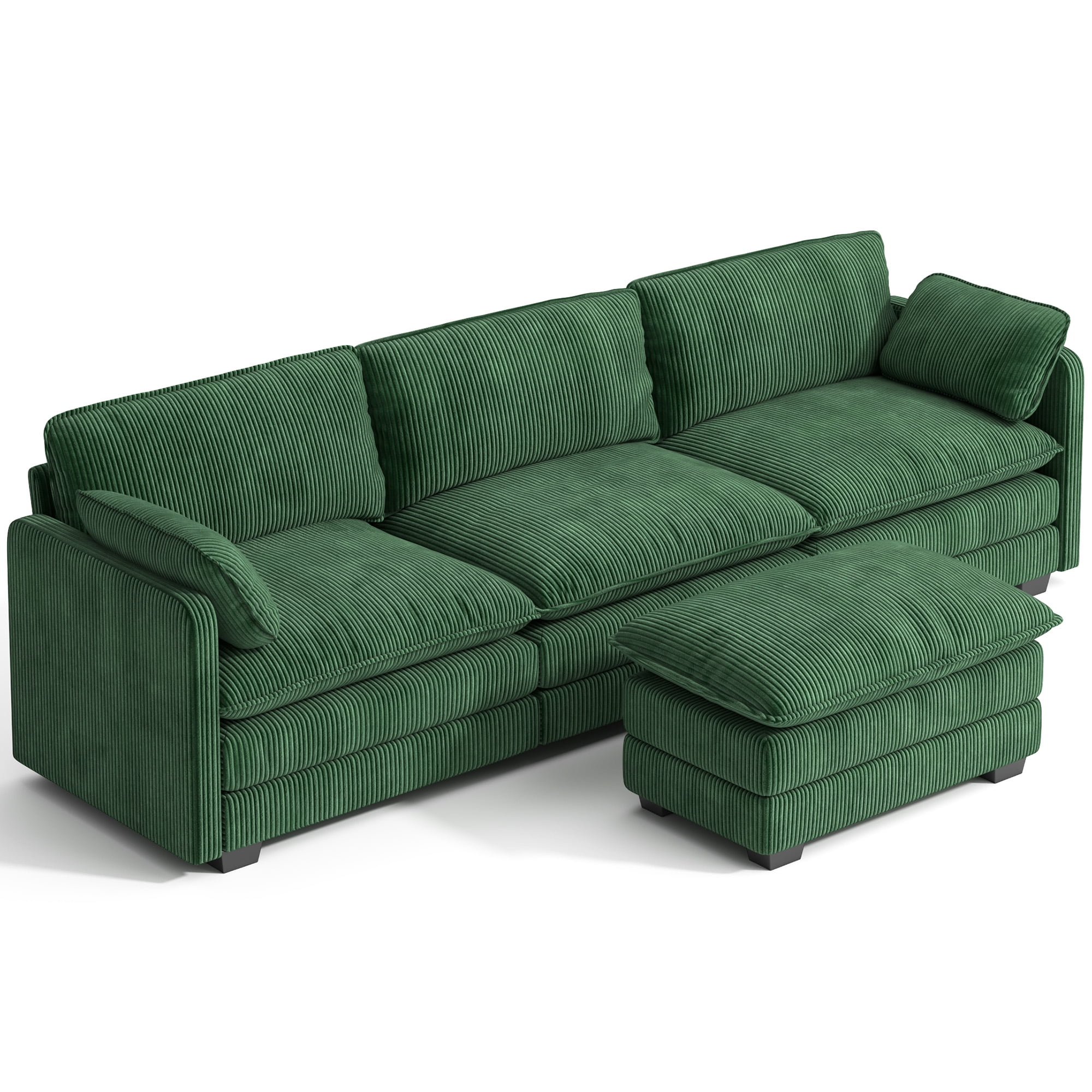 Lofka 110.2" Green Corduroy Cloud Sofa, L-Shaped Modular Convertible Bed with Movable Ottoman
