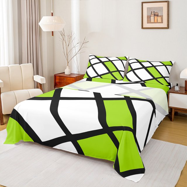 Erosebridal Abstract Geometry Grid Bed Sheets Set Queen Size,Green Aesthetic Art Bedding Sets Queen Size,Geometric Pattern Bed Sheets Queen,Microfiber Room Decoration,4-Piece