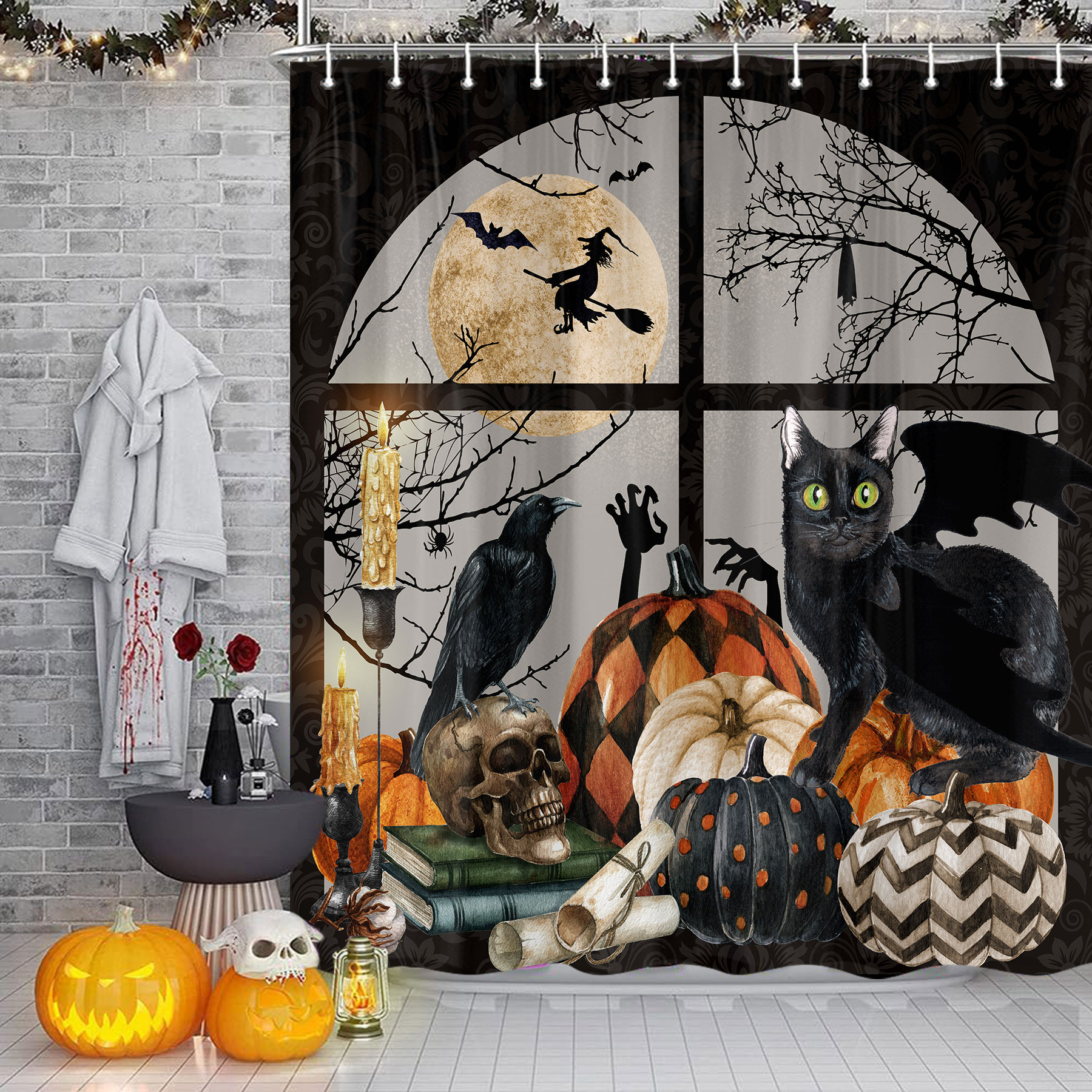 Halloween Shower Curtain, Spooky Pumpkin Black Cat Cool Gothic Skeleton Skull Shower Curtain Set, Horror Scary Bats Raven Witchy Full Moon Fabric Bathroom Decor with Hooks 70X72IN, Black