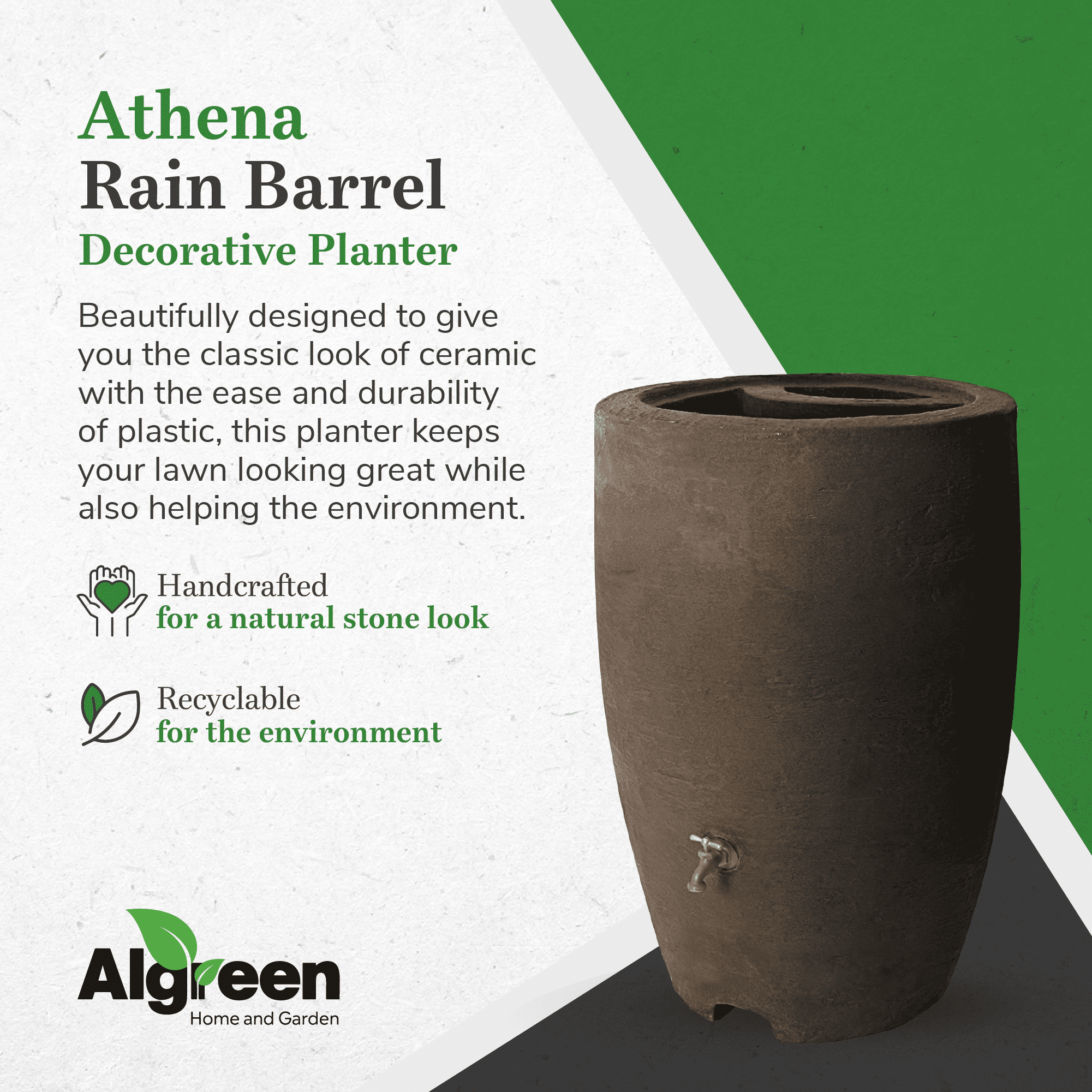 Algreen Plastic Rain Barrel, 50 Gal Rainwater Collection Tank w/Spigot, Athena, Brownstone