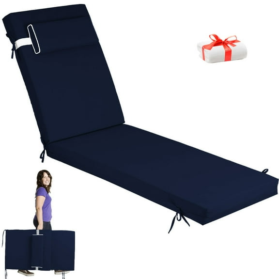 72×21×3in Outdoor Chaise Lounge Cushions, Replacement Patio Chair Cushion With Headres, Waterproof Sun Lounger Cushions（1pc Navy blue）