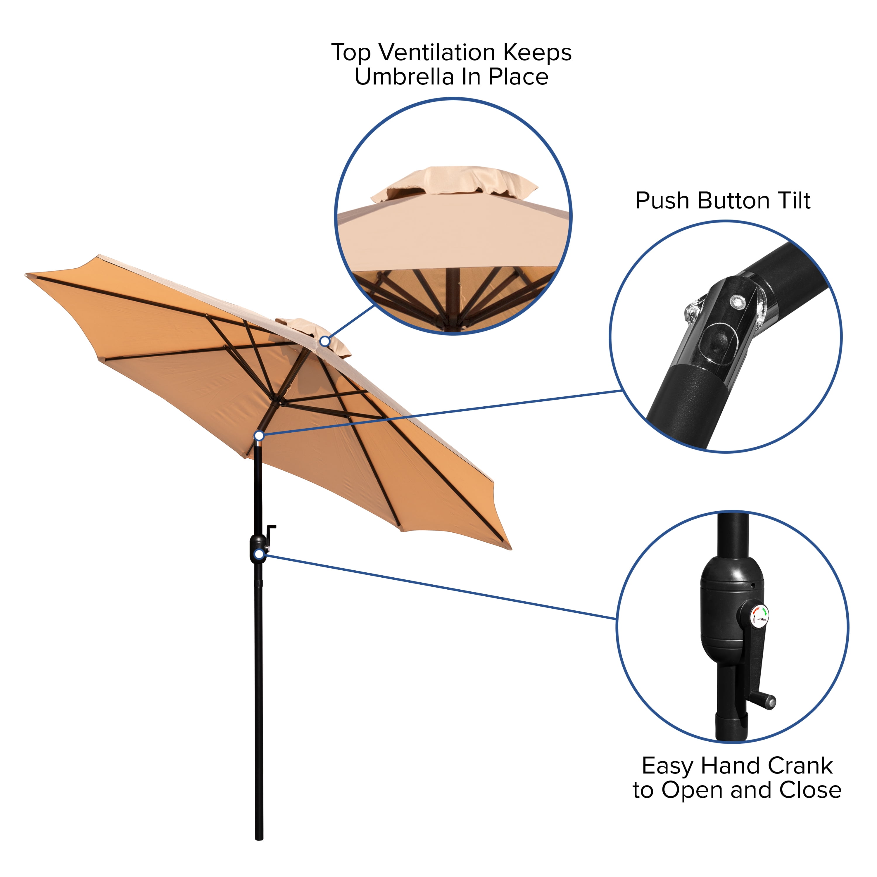 Merrick Lane Tan 9' Round UV Resistant Outdoor Patio Umbrella With Height Lever And 33° Push Button Tilt