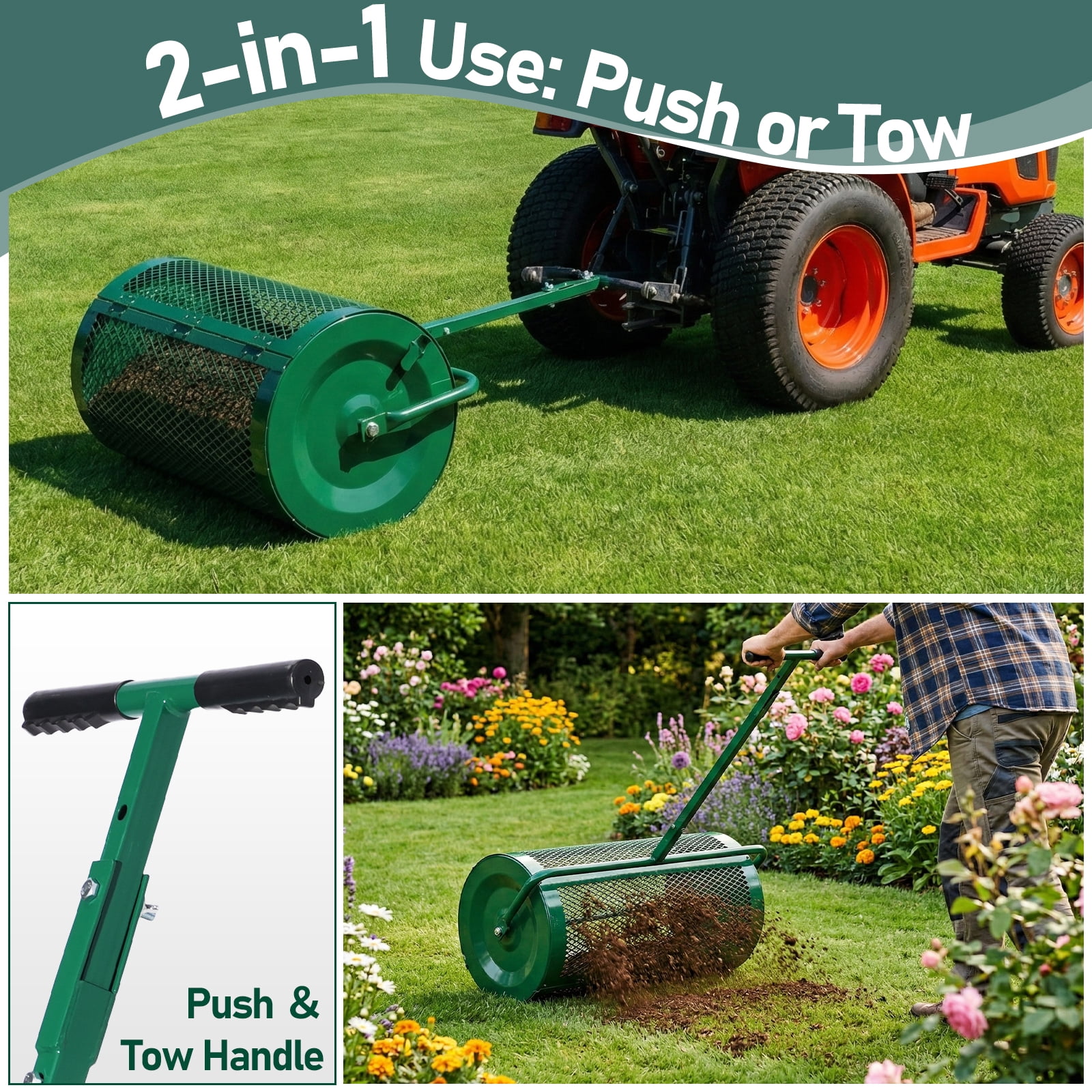 Ktaxon 30" Compost Spreader with Adjustable Handle, Green Steel Mesh Basket for Peat Moss & Manure