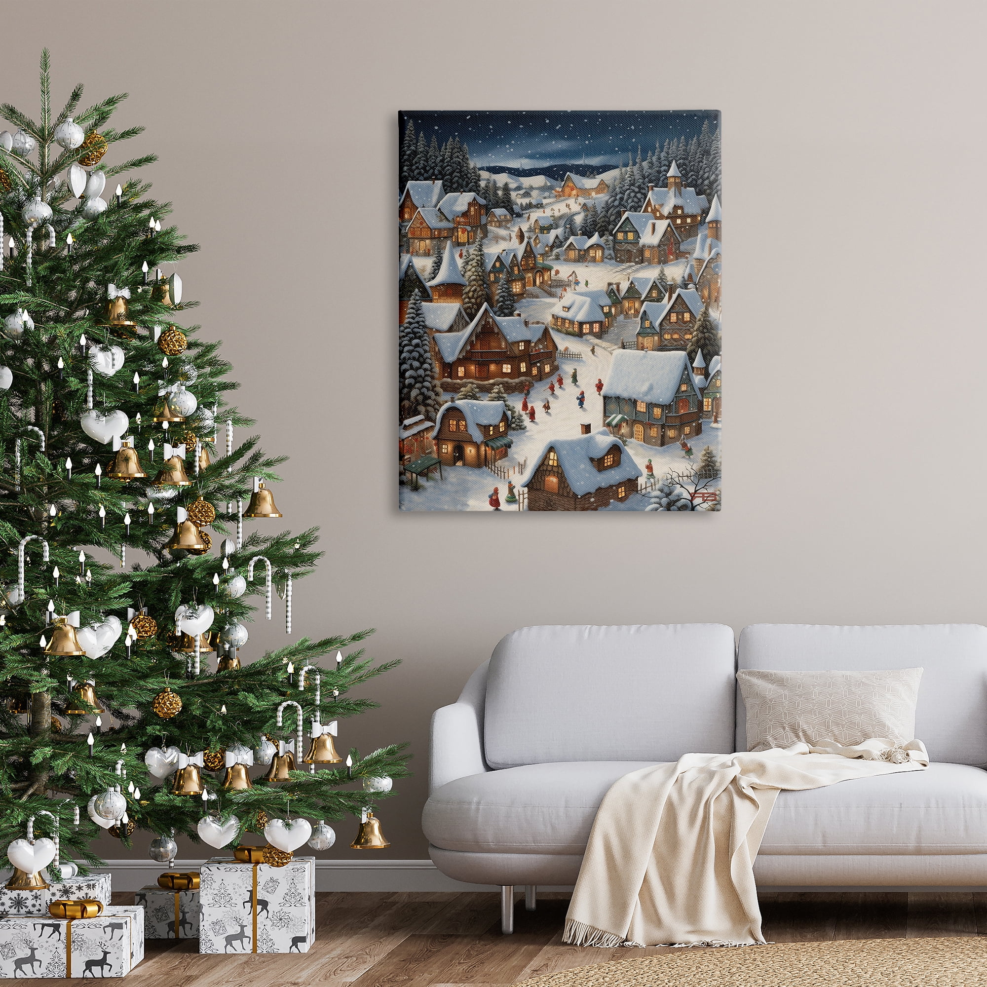 Stupell Industries Snowy Christmas Village Holiday Painting Gallery Wrapped Canvas Art Print Wall Art, 36 x 48