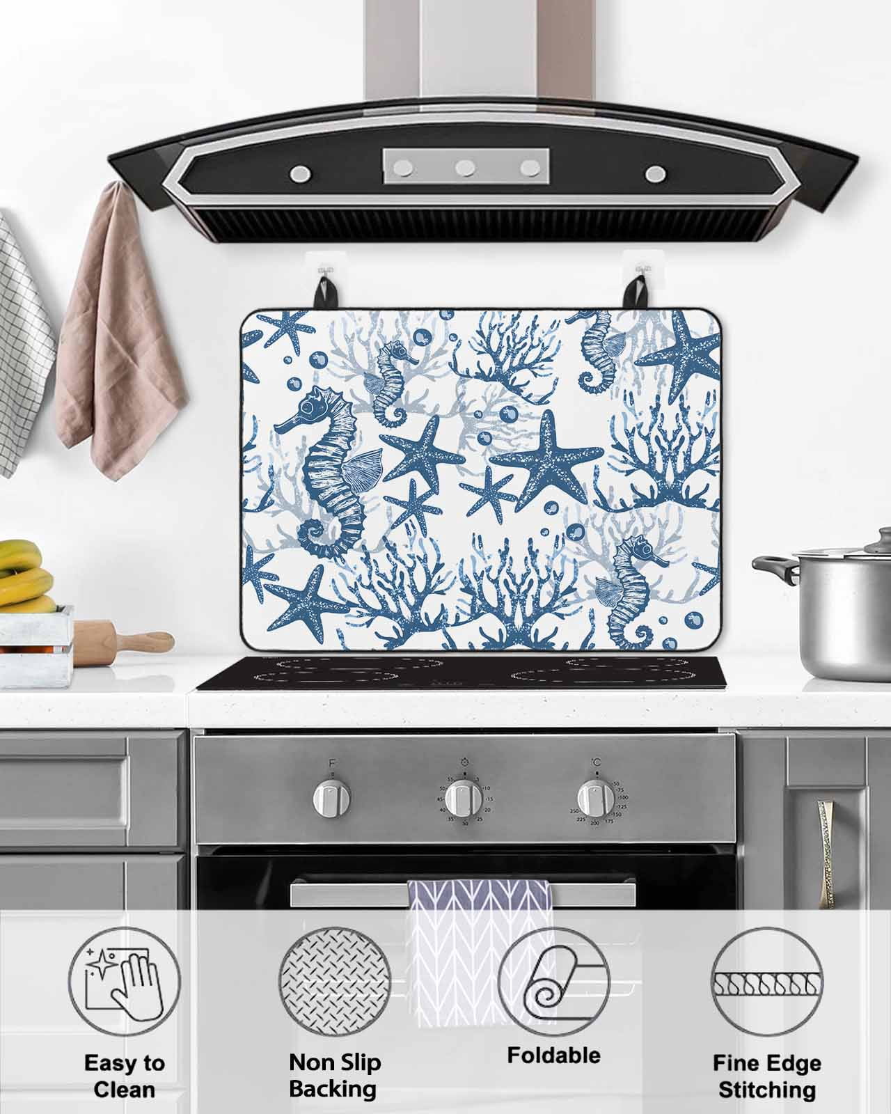 nqOlkjepod Large Induction Cooktop Protector Mat 24"x21", Coastal Blue Stove Top Covers for Electric Stove, Ocean Seahorse Starfish Coral Sea Stove Burner Cover Mats, Glass Top Stove Cover