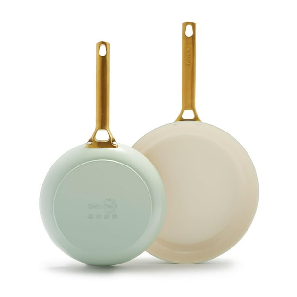 GreenPan Reserve Juego de sartén de cerámica saludable, anodizado duro, antiadherente, de 10 y 12 pulgadas, mango dorado, sin PFAS, apto para lavavajillas, apto para horno, verde julepe