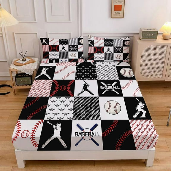 MIBNCE Sports Baseball Fitted Sheet Set Sports Theme Bedding Set for Kids Boys 3D Baseball Pattern Bed Sheets Baseball Games Bed Sheet Set Room Decor,Twin Size,Style A