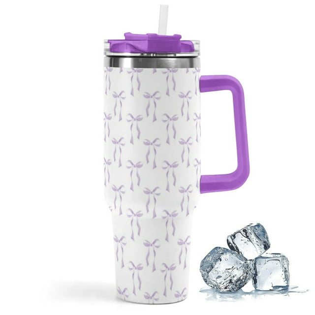 40oz Purple Bow Tumbler with Handle Straw and Lid Bow-Knot Travel Coffee Tumbler Cup for Women Friend Holiday Birthday