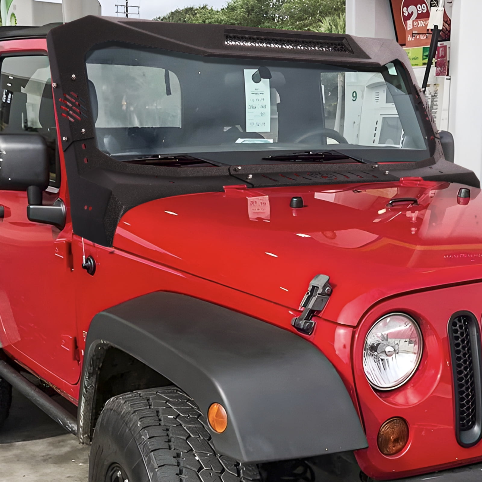 TOKMOWIN Madmax Windshield Frame Cover Armor Compatible with 2007-2018 Jeep Wrangler JK & Unlimited 2/4 Door,Sun Visor Cover with 100W LED Lights