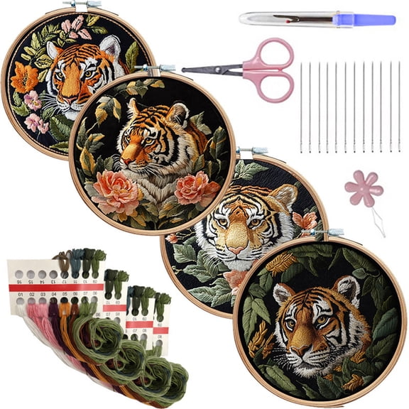 HVEST 4 Pack Tiger Embroidery Kit for Beginners -  Animal and Flower with Embroidery Pattern, Hoop, Complete Cross Stitch Supplies (Needle/Threads/Scissors) DIY Craft for Adults Sewing Hobby