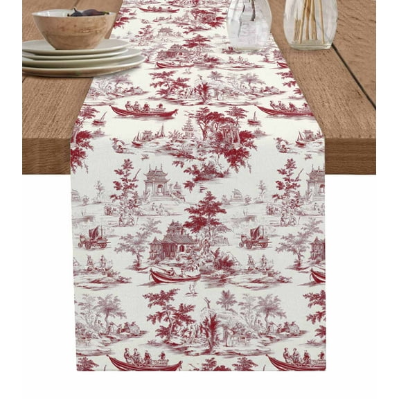 Red Garden Vintage Table Runner Cotton Linen 36 Inch Holiday Dresser Scarves,Modern Art Building Boat Tree Tablerunner for Kitchen Coffee Dining Bedroom Home Living Room Dinner Scarf Décor 13''x36''