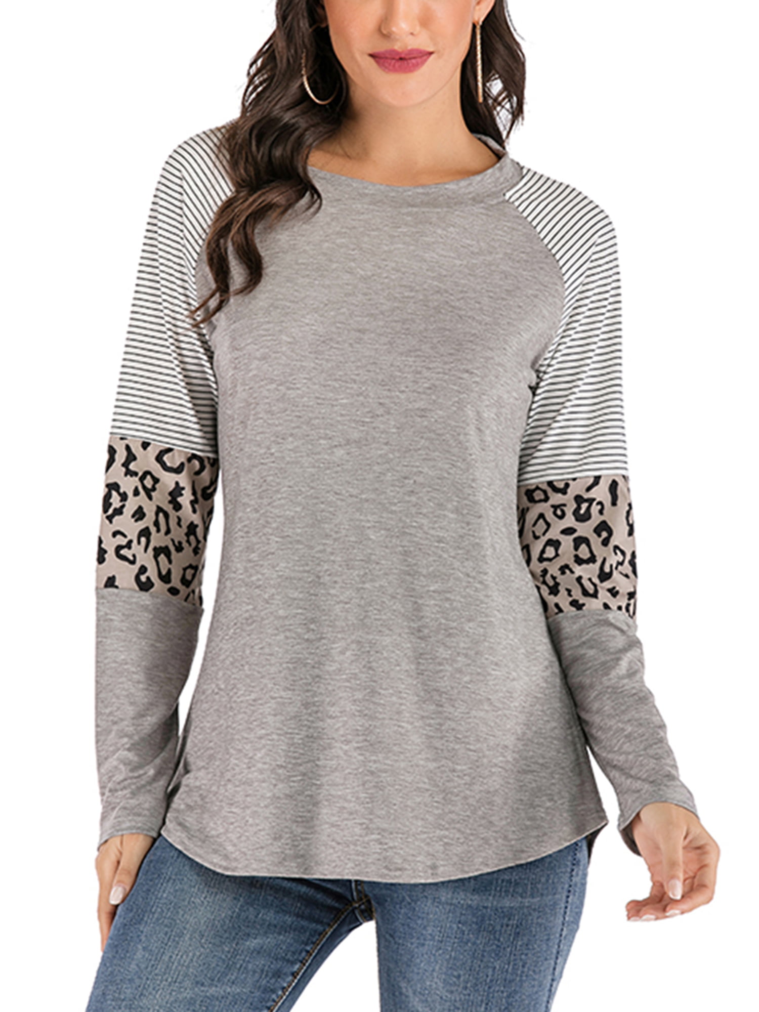 Women Leopard Tunic Shirts with Stripe Long Sleeve Blouse Slim Fit Casual Dress Top Plus Size Clothing