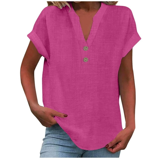 Timegard Cotton Linen Tops for Women V-Neck Button Short Sleeve Solid Color Dressy Casual Loose Tops