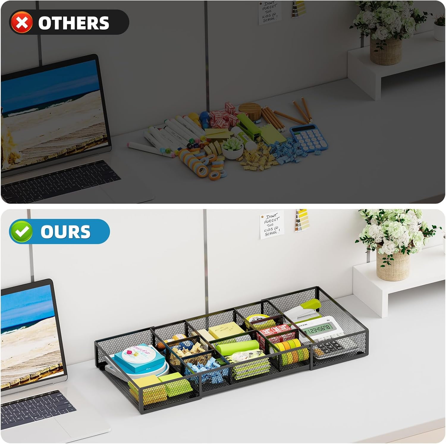 Expandable Desk Drawer Organizer, Mesh Drawer Organizer Tray with 10 Adjustable Compartments, Desk Organizers and Accessories for Office Supplies (Longer Expandable Drawer Organizer-B 2pack)
