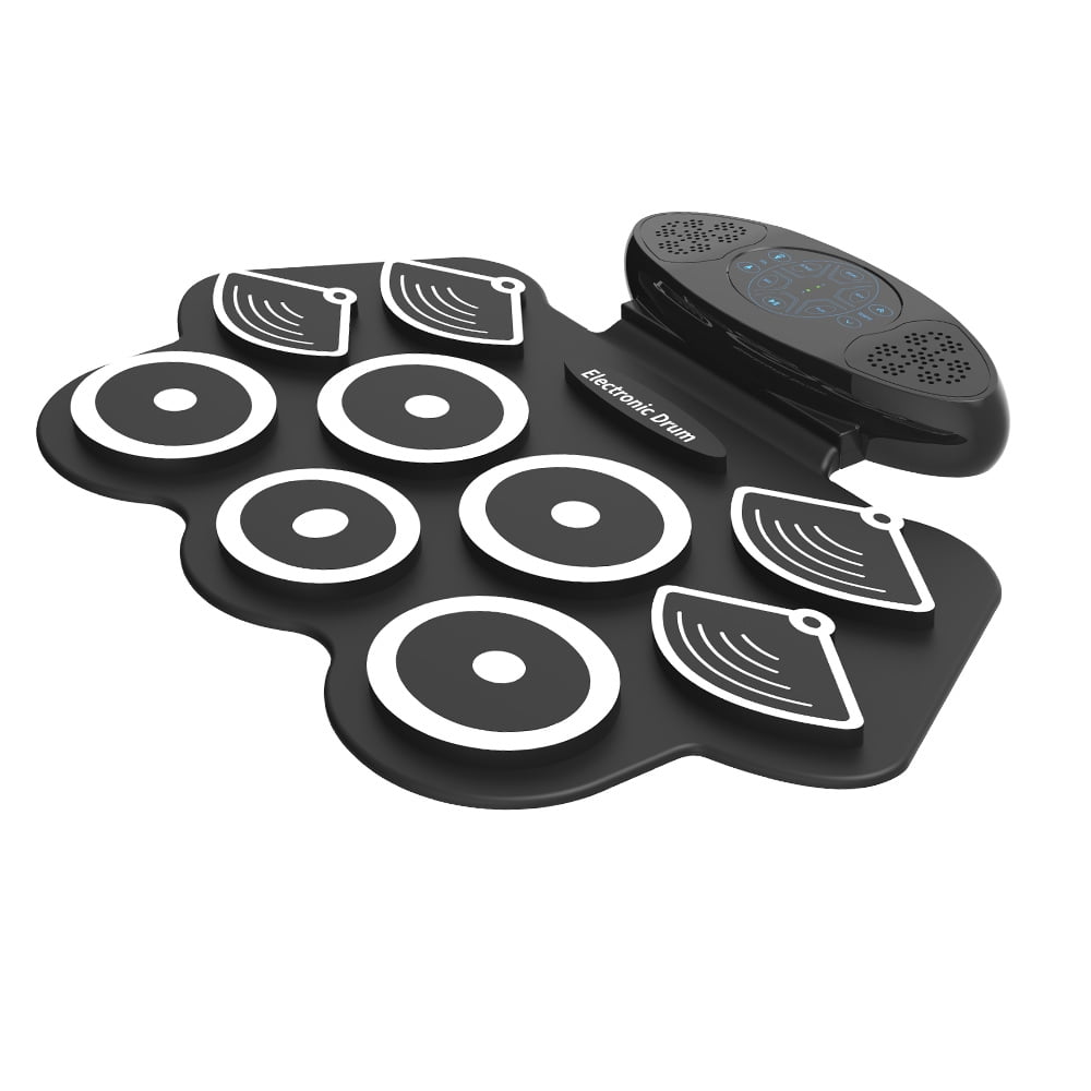 Portable Electronic Drum Set - 9 Pads Roll Up Silicone Practice Drum with Built-in 2 Stereo Speakers, Rechargeable Multifunction Tabletop Drum with Recording Function, Audio Input & MIDI Output