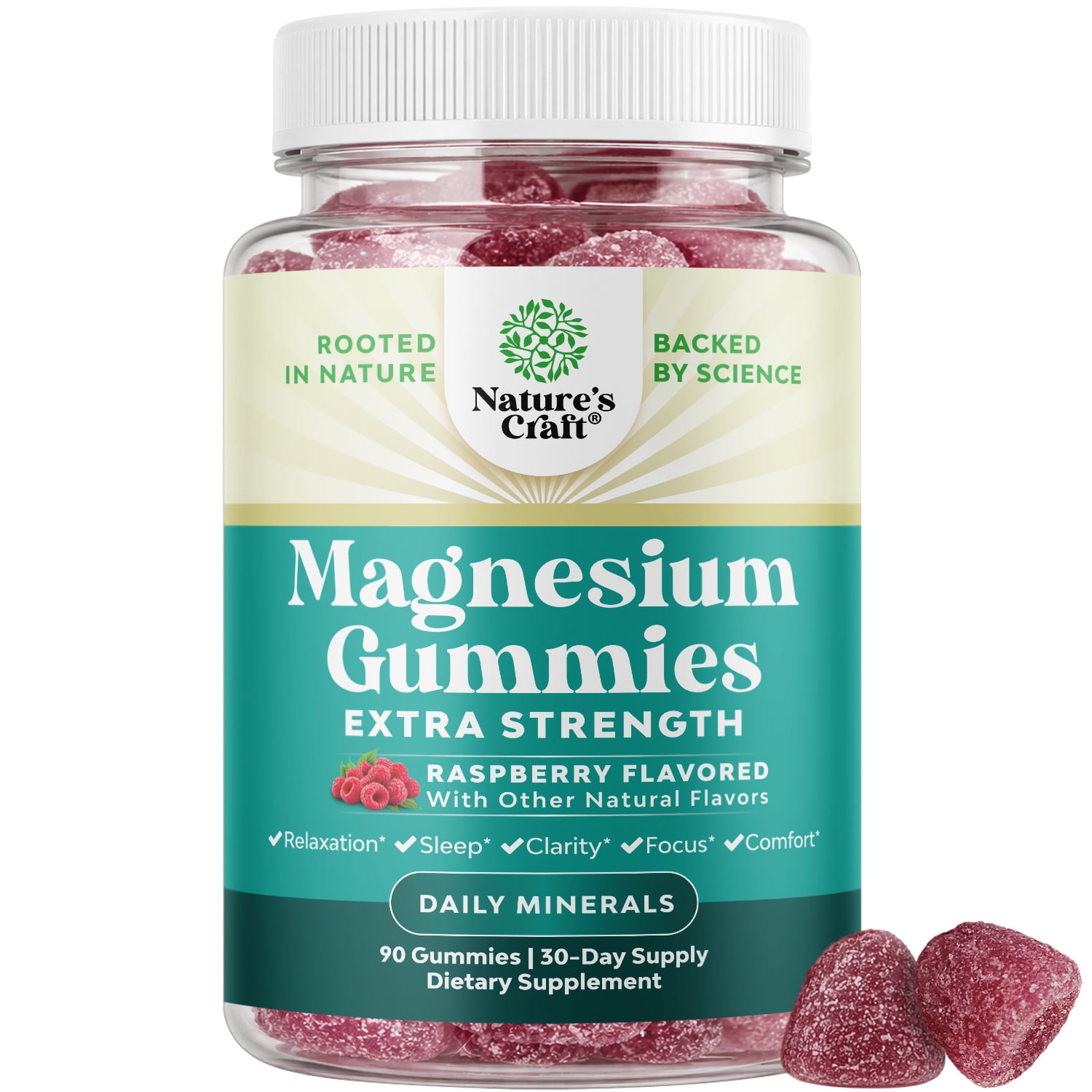 Natures Craft Extra Strength Calm Magnesium Gummies for Adults, 170mg, Focus & Relaxation, Raspberry, 90 Count