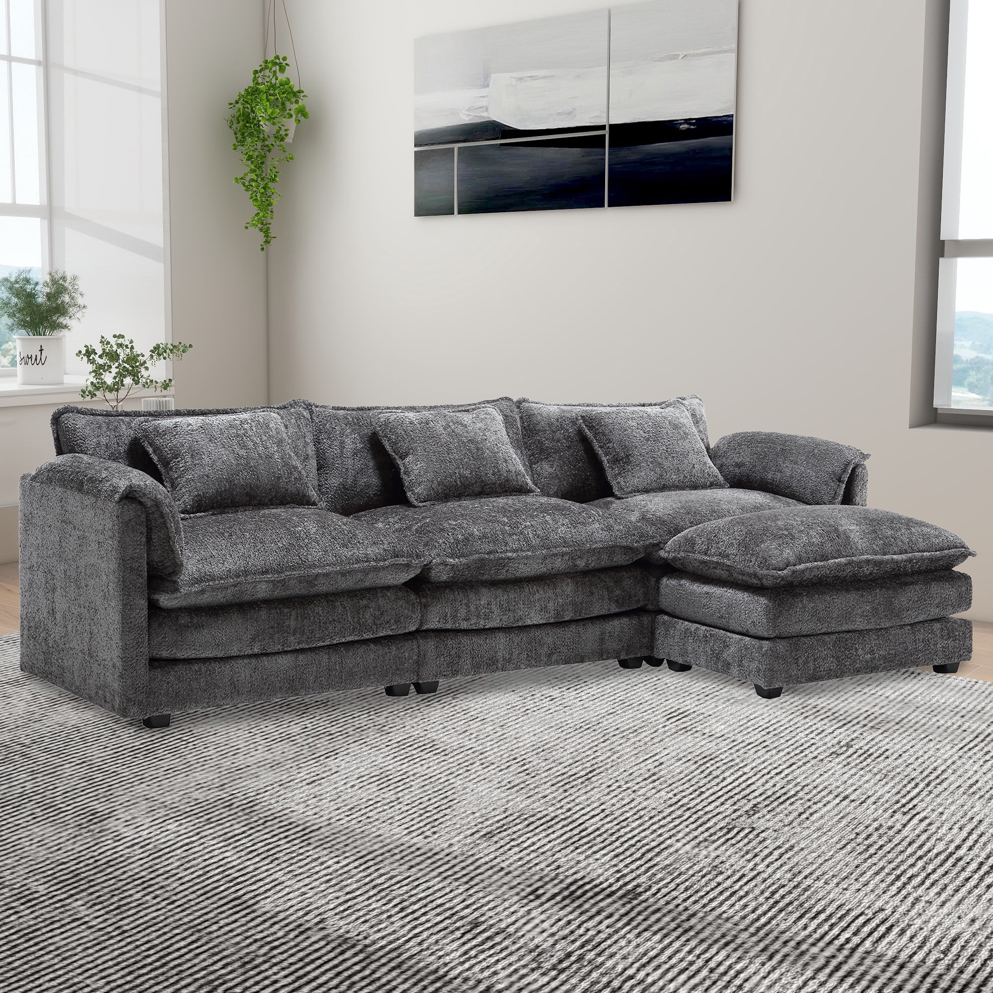 MOONMISS Modern Large Fabric L-Shaped Sofa Chenille Fabric, Movable Pedestal, Removable Armrests, Oversized 11-Seater Sofa