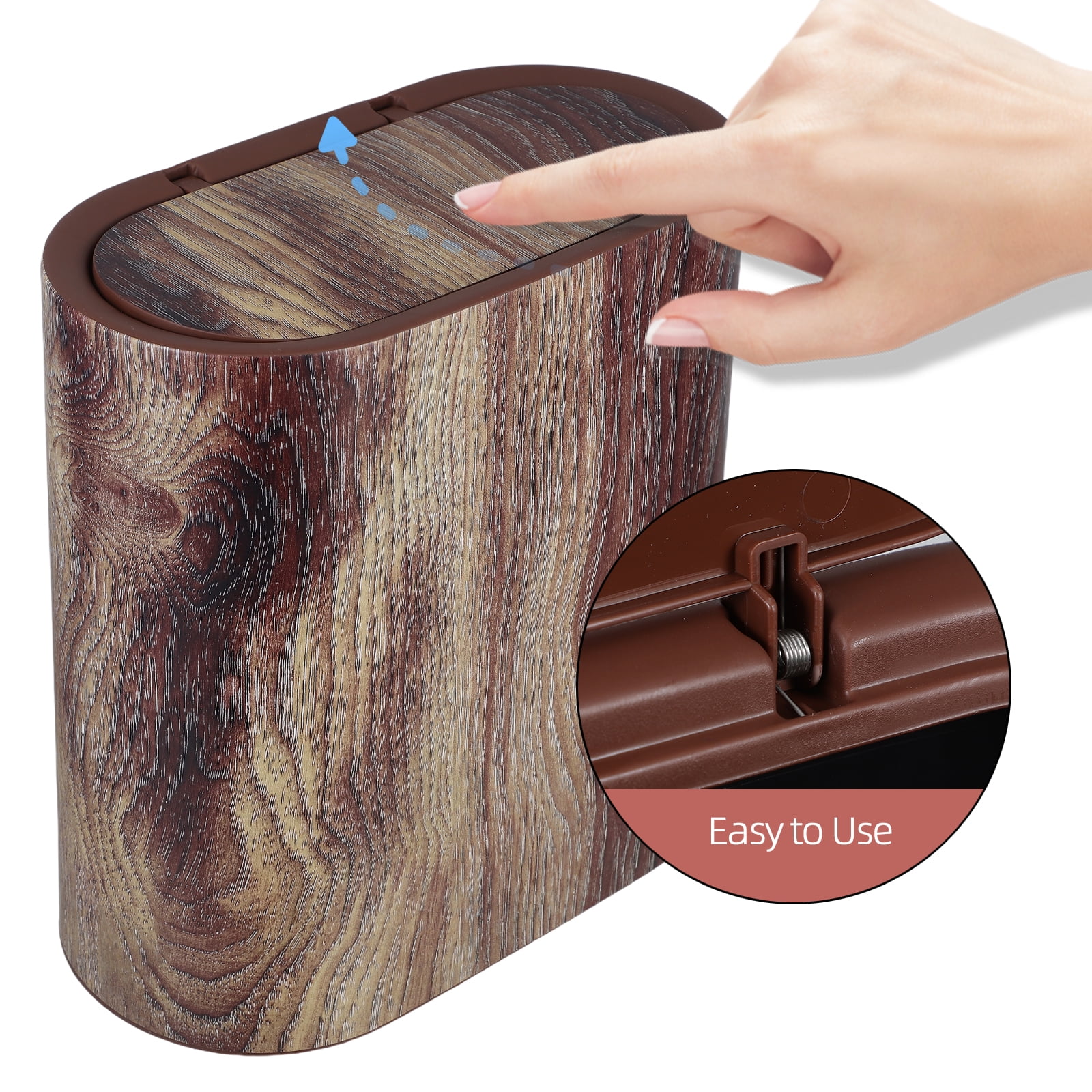 Space Saving Wood Grain Plastic Trash Can With Lid For Bathroom Kitchen Living Room And Office Compact Waste Container For Small Spaces