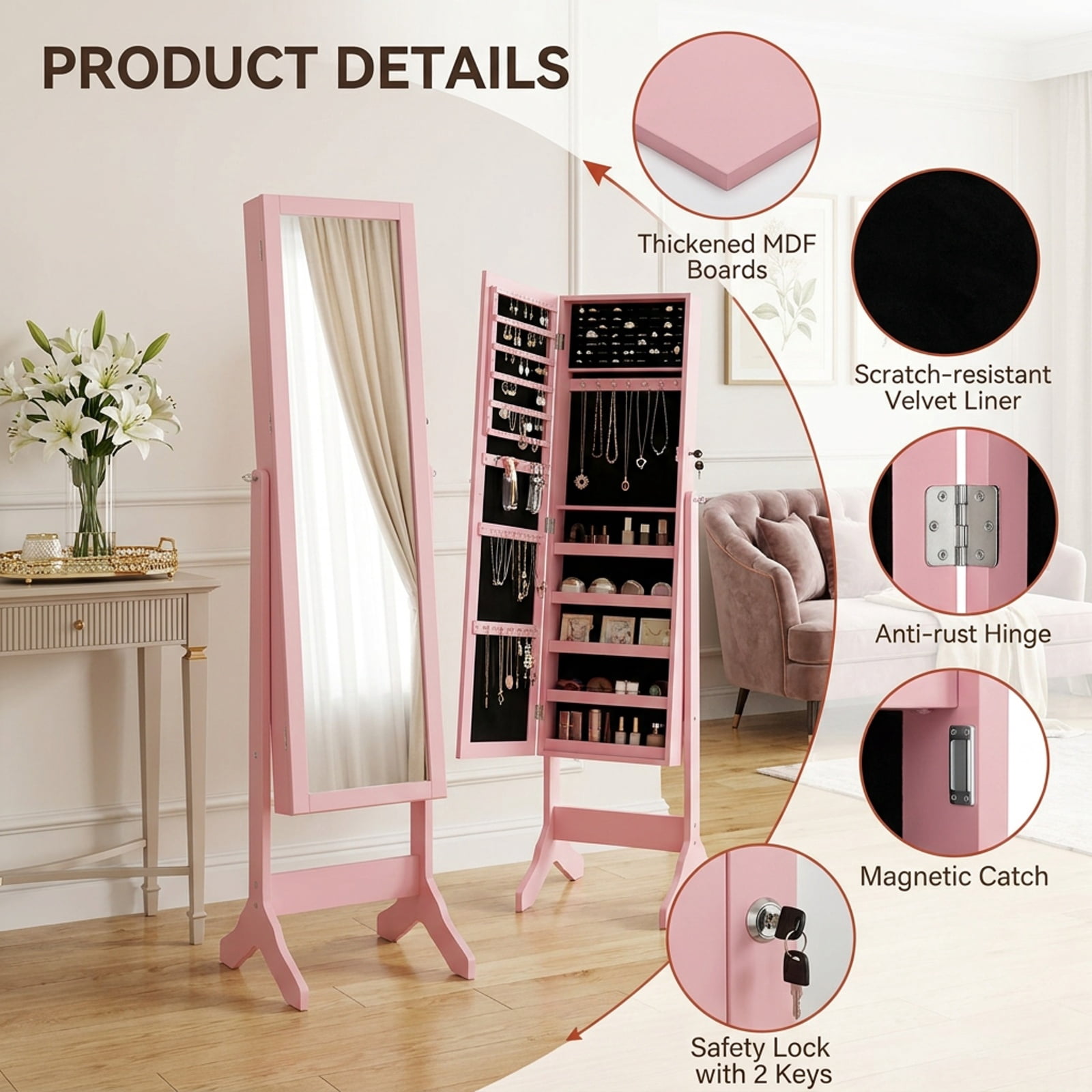Furnibear 360° Rotating Mirrored Jewelry Cabinet Armoire 3 Color LED Modes Lockable for Bedroom Dressing Room Jewelry Necklace Rings Storage, Pink